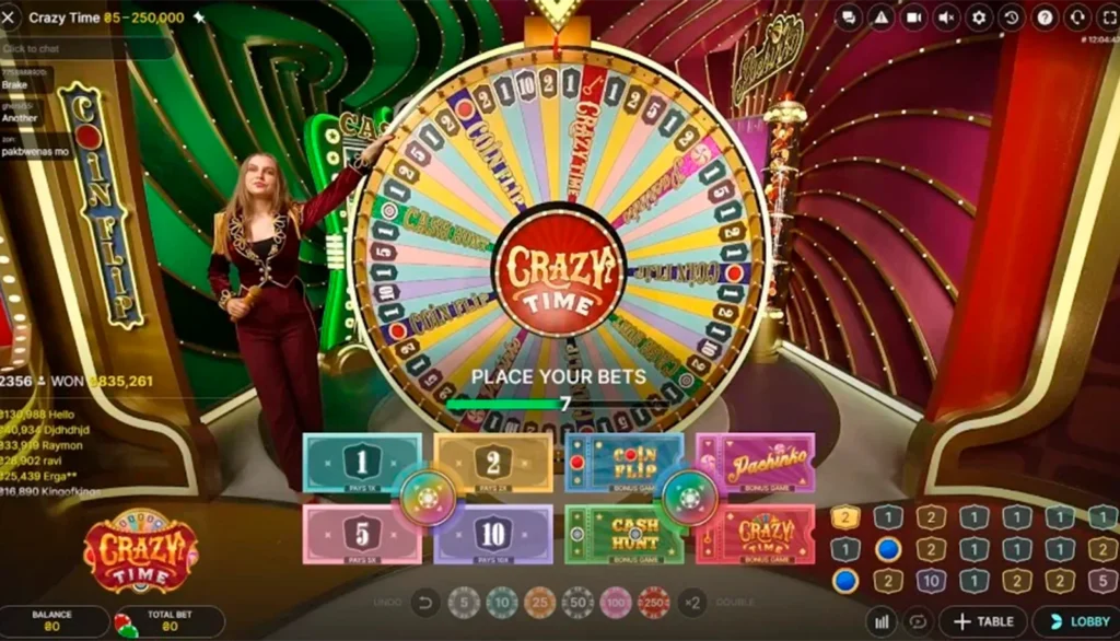 Crazy Time betting interface with stake buttons for 1, 2, 5 and 10